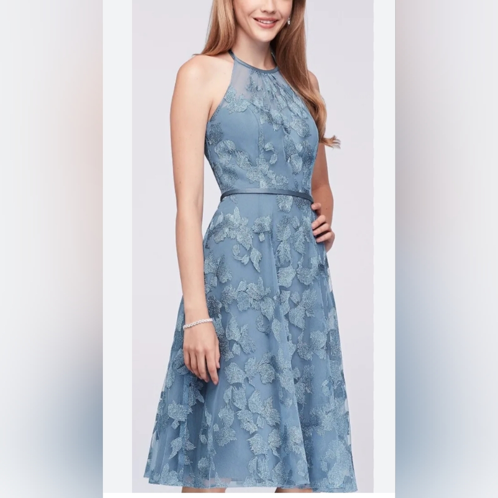 Oleg Cassini size 4 steel blue lace halter dress, Like New